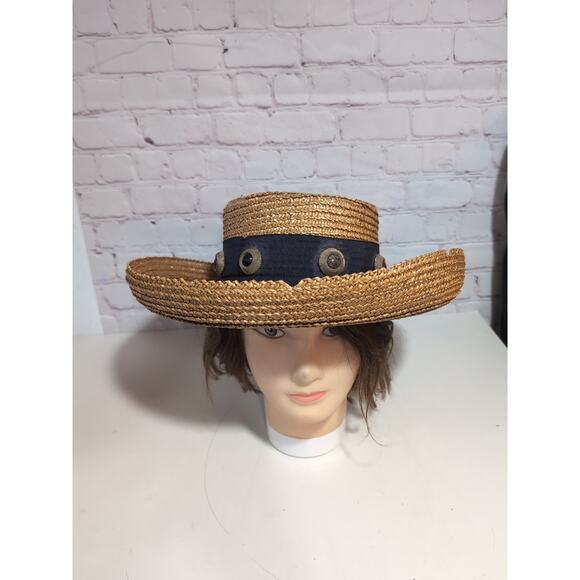 VTG Eric Javits Golden Straw Hat Sun Wide Brim Wide Band Brass And Stone Details - Picture 6 of 16